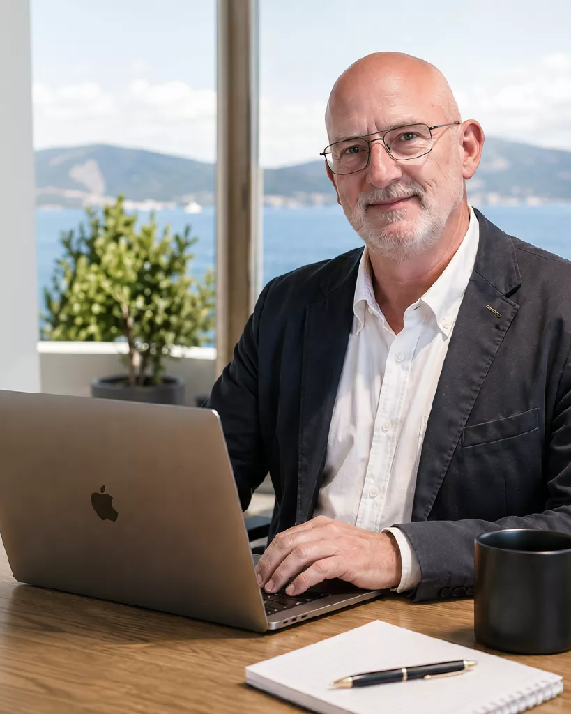 Wolfgang working with a laptop and notebook at a desk overlooking the sea